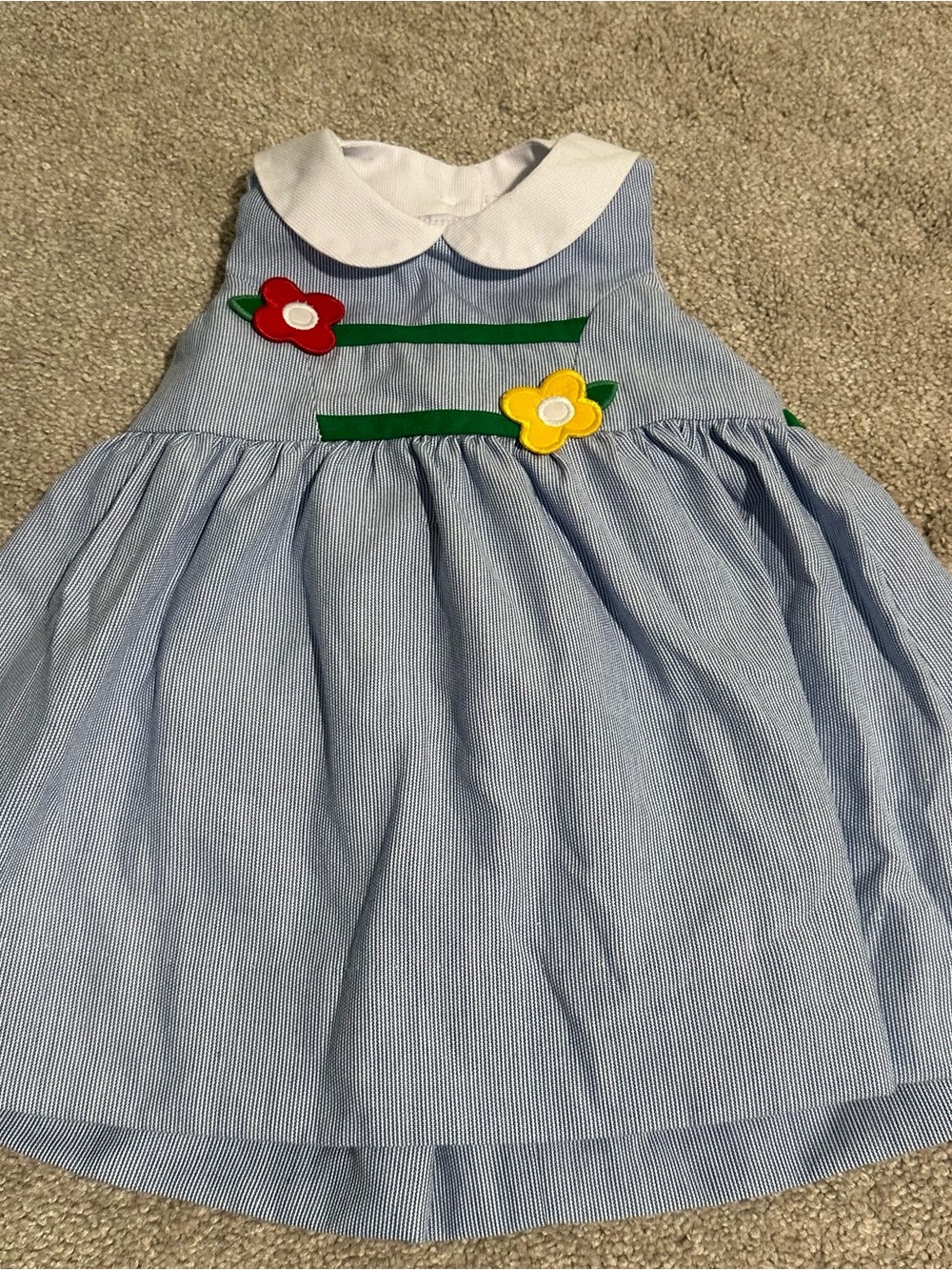 Florence Eiseman Classic Blue Striped Girls Dress with Floral Appliqué EUC 6 mo